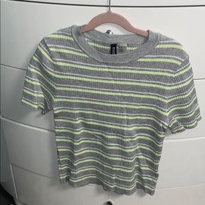 lime green, grey and white stripe crop top,